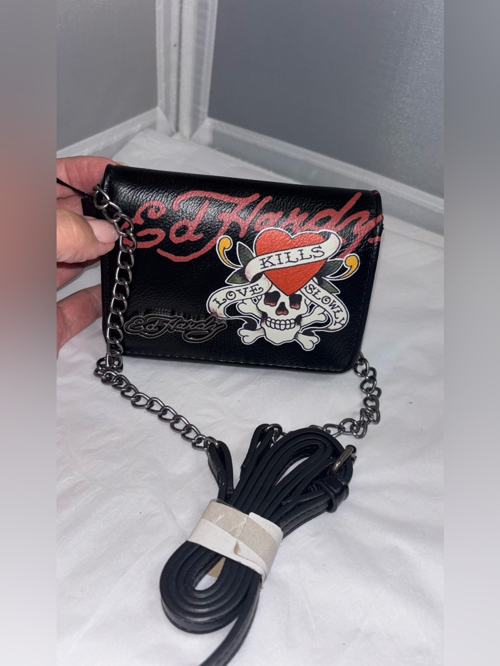 New Authentic Ed Hardy Black Tattoo-Print Crossbody Bag
